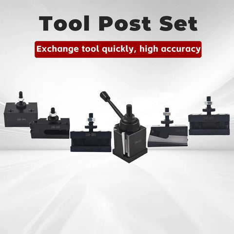 Six Piece BXA Wedge Type Quick Change Tool Post Set For Lathe Turning And Facing Holders, steel construction, various holders shown