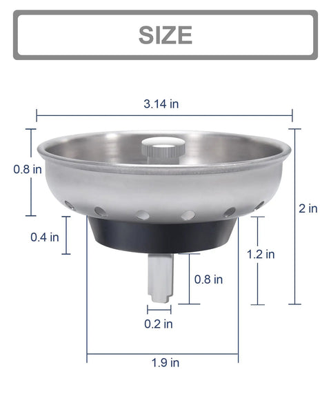2 Pack Kitchen Sink Basket Strainers Replacement For 3-1/2 Inch Standard Drains Brushed Stainless Steel Body With Center Knob size diagram