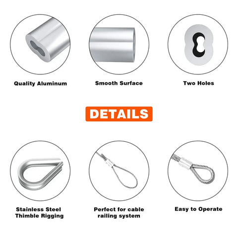 Details of Heavy Duty Wire Rope Crimping Tool Kit For 3/64, 1/16 And 5/64 Inch Aluminum Loop Sleeves and thimbles for rigging use.