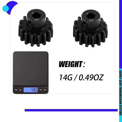 2 Pack 15 Tooth Pinion Gear 32 Pitch Hardened Steel CNC Machined Upgrade For RC Cars And Trucks 15T Pinion Compatible With TRX4 TRX6 Slash Rustler Stampede Mini Maxx XRT displayed with weight of 14 grams.