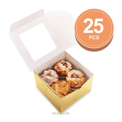 Premium Gold Bakery Boxes With Clear Window, 25 Pack Of 5x5x3.5 Inch Cake Containers with cupcakes inside.