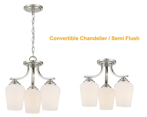 Shyloh Convertible Ceiling Light Fixture 3 Light Chandelier Style Semi Flush To Chandelier Brushed Nickel Finish
