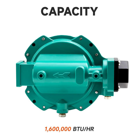 Two-stage LP gas regulator for grills delivering 1.6M BTU/hr