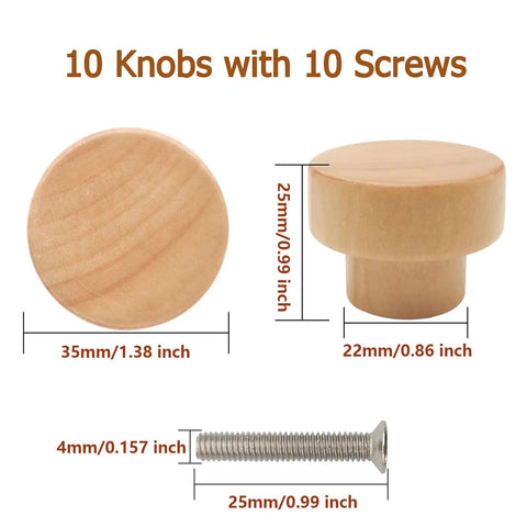 10 Pack Wood Cabinet Knobs Flat Top Round Natural Wooden Drawer Pulls for Dressers, shown with dimensions and screw