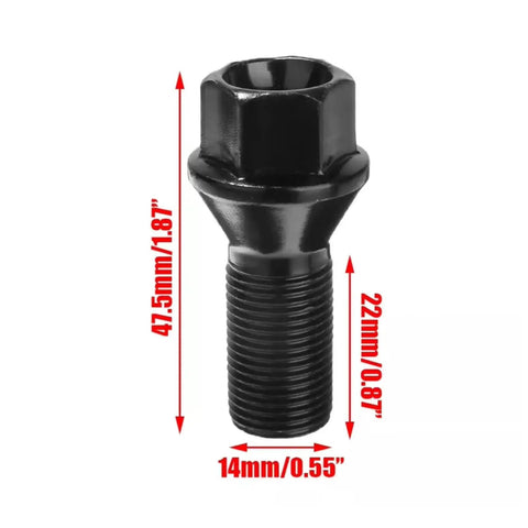 Upgrade Your Ride With Black Locking Lug Wheel Studs For BMW F32 F33 F36 F82 F83 GT F10 LCI F11 F18 M14 X1.25 Bolts That Keep You Safe On The Road And Rock Your Fit Out. Black steel BMW locking wheel bolt, M14x1.25, 47.5mm, shown with thread measurements