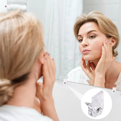 Twenty Pack Slick Mirror Clips For Wall Mounting Hardware Kit Featuring Clear Acrylic Frameless Glass Brackets And Heavy Duty Screws, clear acrylic clip holding glass in bathroom.