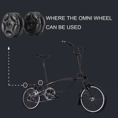 Brompton omni wheel upgrade shown with bicycle integration for smoother, quieter rides in tight spaces. Includes 58mm omni wheel and stainless components.