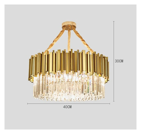 Slick Gold Metal LED Pendant Chandelier With Genuine K9 Crystal Drops, Eight Ceiling Lamp, No Hassle Install top view with dimensions