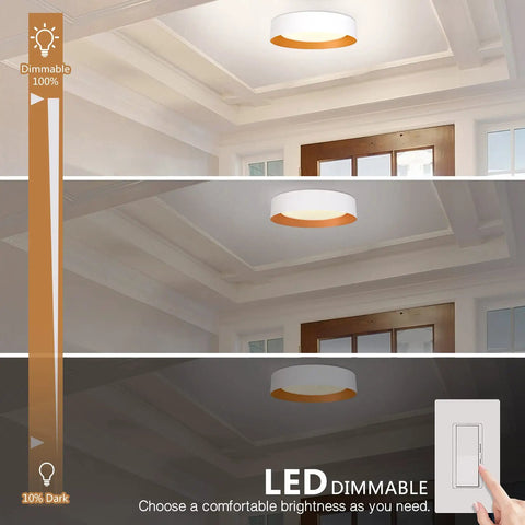 Dope 16.5 Inch Dimmable LED Flush Mount Ceiling Light Matte White With Gold Interior 3000K Warm White 30W shown in dimming stages