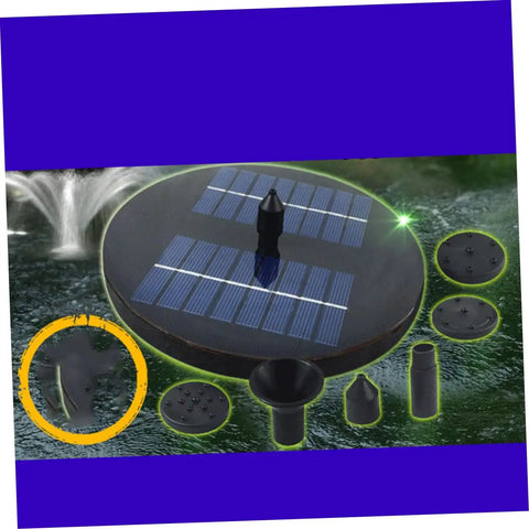 1.6W Solar Powered Pump Kit for Outdoor Water Features and Floating Fountains, shown with parts and water spray setup.