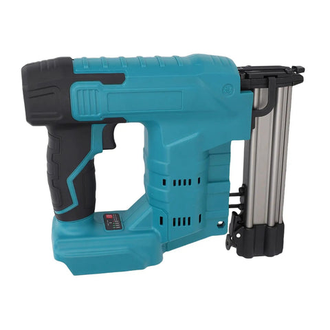 No Sweat 20V Cordless Brad Nailer And Crown Stapler Combo With Straight Nails Plus Staples side view showing ergonomic grip and trigger.