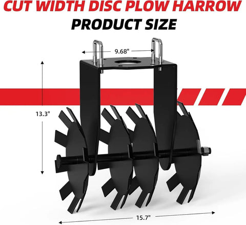 ATV UTV Towed 32 Inch Heavy Duty Disc Harrow With Universal 2 Inch Hitch And Adjustable Height, disc dimensions shown