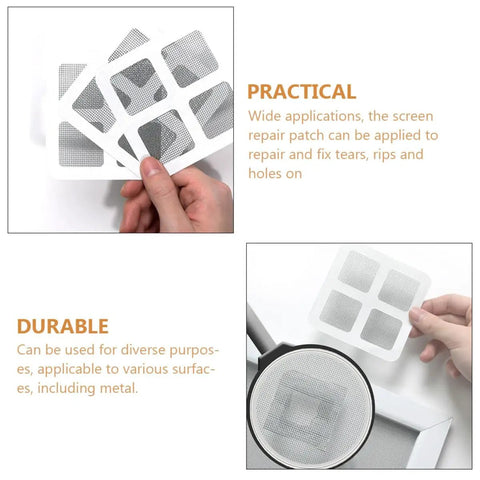 20 Pack Window Screen Repair Patch Kit With Fiberglass Mesh Tape Quick Tear Fix for patio, close-up of patches and application