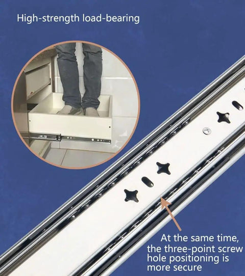Heavy Duty 900Mm Full Extension Drawer Slides Ball Bearing Metal Rails Side Mount For Cabinets showing load-bearing capacity and secure three-point screw holes.