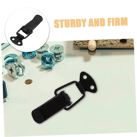 Four Piece Spring Loaded Toggle Clamp Latch Kit For Doors, Windows And Cabinets With Screws displayed with hardware