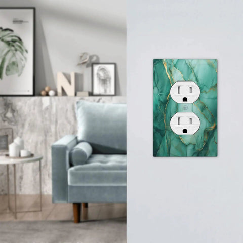 Turquoise And Gold Gemstone Marble Texture Switch Plate One Gang Duplex Outlet Cover in modern living room design.