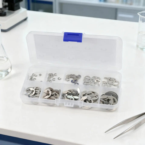 E Clip Circlip Retaining Ring Set In 304 Stainless Steel 120 Piece Assortment Kit With 12 Size Range in clear plastic box