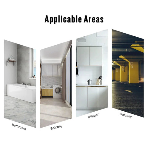 Applicable areas for 12 Inch Linear Shower Drain With Removable Square Panel in bathroom, balcony, kitchen, and garage.