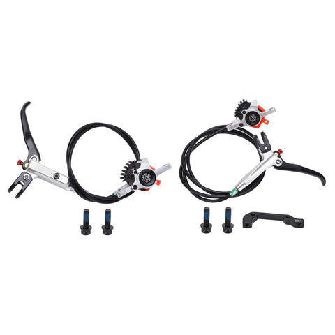 Upgrade Your Ride With This Badass Dual Piston Mechanical Disc Brake Set For Mountain And Road Bikes Cable Actuated Aluminum Alloy Calipers Front Rear Kit With Epic Grip Control Silver - Close-up of brake levers and calipers.
