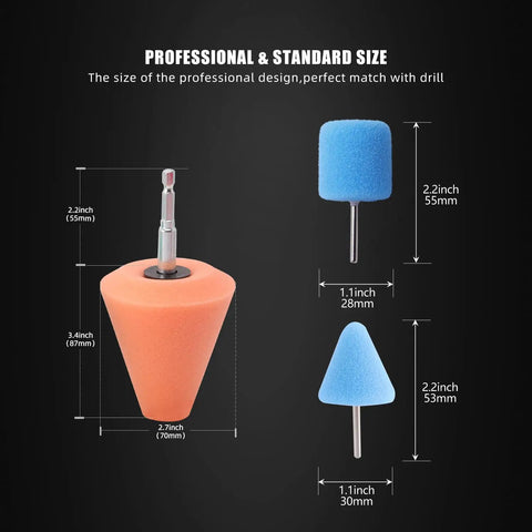 Polishing Cone 9 Piece Sponge Buffing Set for Automotive Wheel Hubs and Metal Polish Ball with size dimensions in inches.