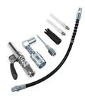 Grease Gun Accessory Kit with needle dispenser, 90 degree coupler, 12 inch hose, fitting cleaner for auto shop, farm, and industrial use.