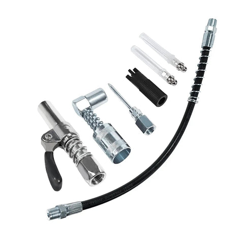 Grease Gun Accessory Kit with needle dispenser, 90 degree coupler, 12 inch hose, fitting cleaner for auto shop, farm, and industrial use.