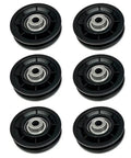 Beefed-Up Nylon Bearing Pulley Wheel Set For Gym Gear And Cable Machines, Smooth Silent Replacement Rollers For Home Fitness And Garage Door Systems, Black 90mm Durable Quiet Workout Components. 6 black nylon bearing pulley wheels on white background
