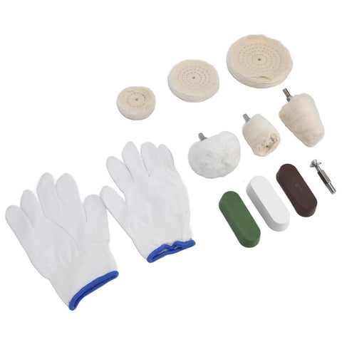 11 Piece Polishing Buffing Wheel Kit With Cotton Flannel Pads And Wax Rod Mount For Cordless Drills featuring gloves and various pads.