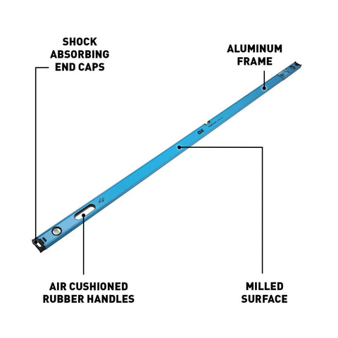 Dead Straight Eight Foot Aluminum Box Beam Level Featuring Magnified Vials And Lightweight Four Point One Pound Body Built Tough For Rock Solid Slab Pouring And Wall Framing Jobs with shock absorbing end caps and air cushioned rubber handles.
