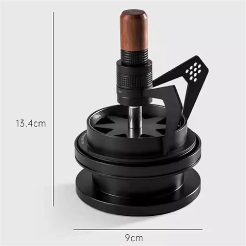 Kickstart Your Daily Grind With This Hella Sharp 58mm Needle Distributor And Wdt Espresso Tool showing heavy-duty magnetic base and wood handle.