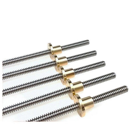 Top Shelf Two Pack Of Eight Millimeter T8 Full Thread Lead Screws Paired With Durable Brass Nuts showing smooth lead screws.