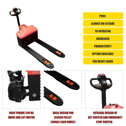 Semi Electric Pallet Jack With 3300 Lbs Capacity Plus Lithium Battery Electric Drive And Manual Hydraulic Lift For Smooth Warehouse Move And Garage Tasks No Sweat Heavy Duty Workhorse showing drive, lift motor and fork design.