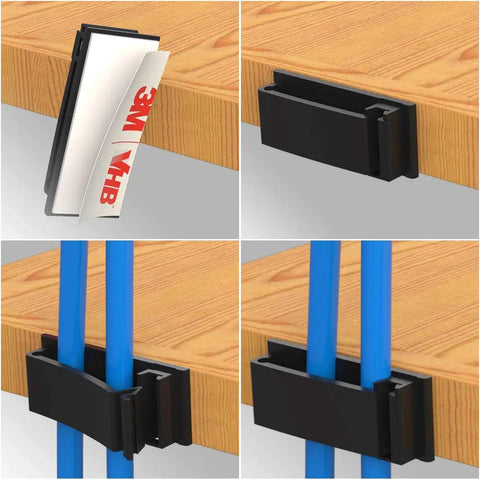 Strong Self Adhesive Cable Clips 20 Pack For Cable Management And Wire Runs mounting on wooden surface, holding blue cables