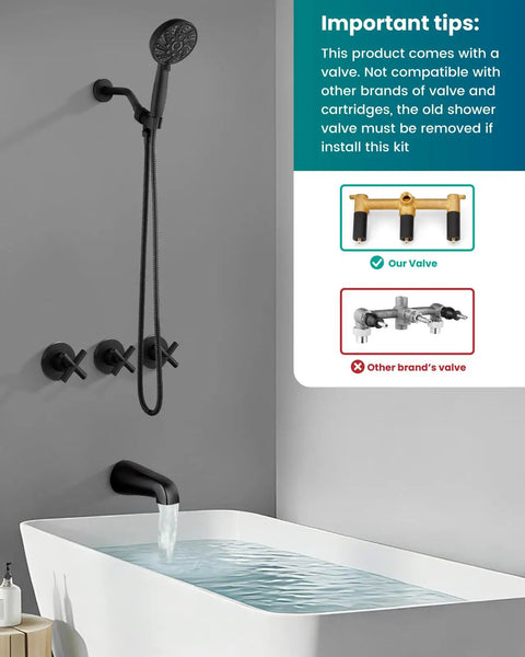 Slick Three Handle Tub Shower Faucet Set With Six Mode Handheld Sprayer And Matte Black Finish installed above a freestanding tub.