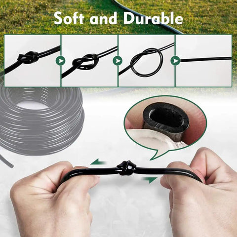Flexible 100 Foot Quarter Inch Distribution Tubing for Drip Irrigation Garden Watering Hose shown coiled and in use