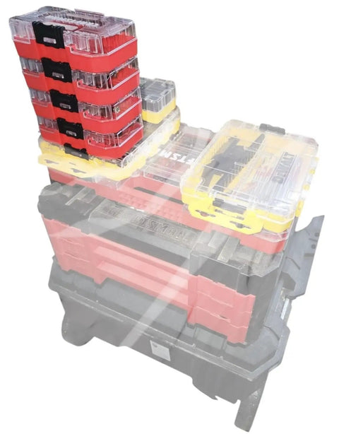 Top Shelf Hassle Free Compact Stackable Storage Cases 4 Pack Versastack Compatible plastic bins stacked on durable organizer.