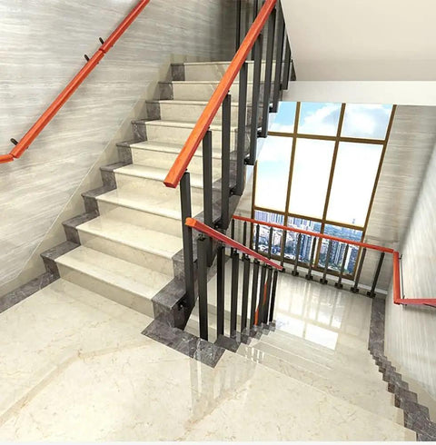 Tough As Nails Side Mount Banister Posts Black Metal Deck Railing Spindles with Heavy Duty Adjustable Brackets on staircase.