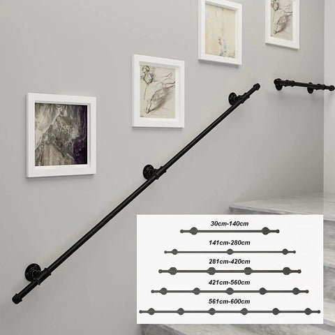 Solid Black Handrail For Indoor And Outdoor Stairs, Wrought Iron Banister With No Sweat Wall Mount, Heavy Duty Support Rail For Seniors And Little Ones, 11.5 Foot Quick Setup Guaranteed on gray wall near framed artwork.