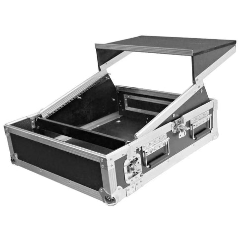 Professional Grade Heavy Duty Two Space Ata Equipment Case With Ten U Dj Mixing Console Top and Smooth Sliding Laptop Shelf opened.