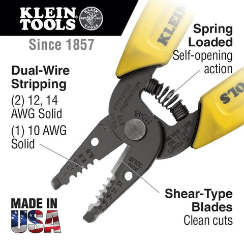 Built Tough Dual Wire Stripper Cutter For Solid Wire With 14 And 12 AWG Holes Plus 10 AWG Stripping Hole, shear-type blades, yellow handles, spring loaded, USA made.