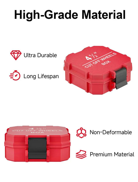 Job Site Ready No Mess Rig 4.5 Inch Grinder Cutoff Wheel Storage Case With Custom Separation Bins For Small Table Miter And Circular Saw Blades Heavy Duty Red Organizer, top view showing durable plastic construction.