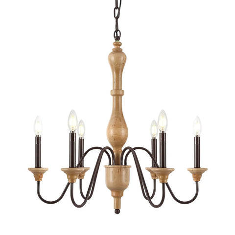 Farmhouse Chandelier With 6 Lights, Wood Rustic Candlestick Pendant Light, Vintage European Inspired Ceiling Lamp