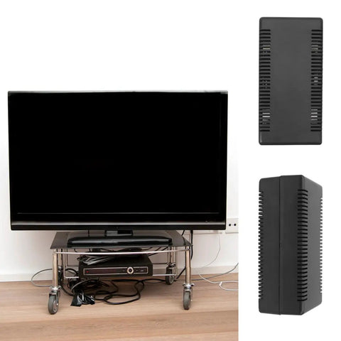 Cool Black Plastic Junction Boxes For Power Supply Housing And Student Projects Plus Easy Drill Design To Keep Dust Out Sturdy Electrical Enclosure Case Perfect For Amps And Battery Gear next to a TV showing different angles.