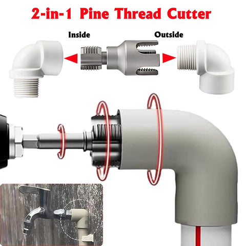 Dual Function Pipe Threading Tool For Internal And External Threads That Works With PVC One Half Inch And Three Quarter Inch Sizes Electric Drill Compatible Rethreading Tool For Plastic Pipes in use with pipe connections.