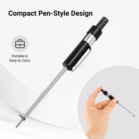 Heavy Duty Brake Pad Thickness Gauge With Slim Probe For Quick No Wheel Removal Checks Precise Millimeter Scale For Internal And External Pads in compact pen-style design.