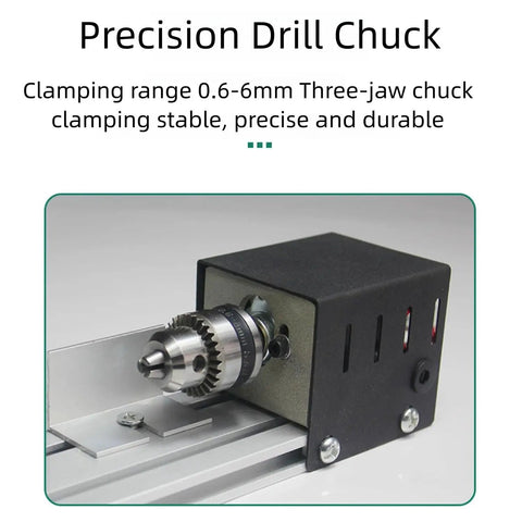 Precision drill chuck with clamping range 0.6-6mm, part of the Multifunctional Mini Lathe Polisher Machine With Seven Speed Levels.