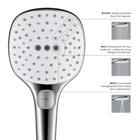 Raindance Select E120 Low Flow Hand Shower With 2.0 GPM And Three Spray Modes Chrome Finish displaying spray options.