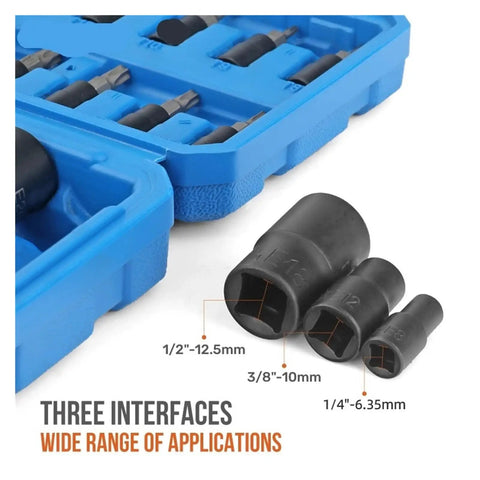 Heavy Duty 24pc Torx And E-Torx Socket Set With 1 4 Inch 3 8 Inch And 1 2 Inch Drive Sizes Including Female Star Bits For Impact Guns To Crush Rusty Bolts Without Breaking A Sweat, blue tray