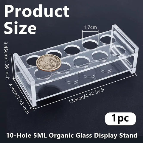 Acrylic 10 Hole Test Tube Rack Display Stand For 5ml Tubes, Clear Lab Organizer with dimensions and detailed view