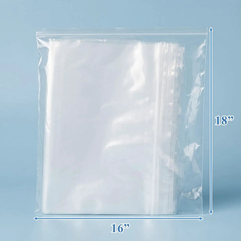 Beefy Storage Solutions Featuring Eighty Count Extra Large Reclosable Plastic Bags Measuring 16 X 18 Inches with clear design for storage.